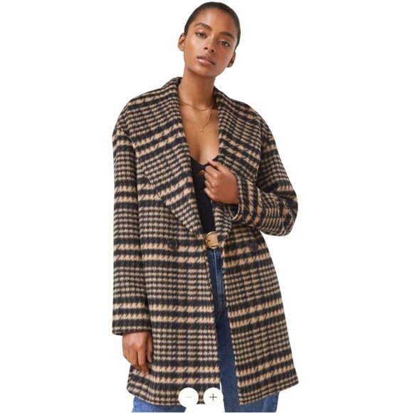 Avec Les Filles Shawl Collar Houndstooth Coat Camel Black Wool Blend Size L - Picture 4 of 8